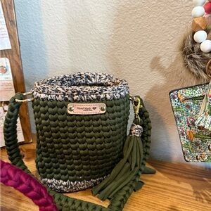 Olive Green Woven Bucket Bag